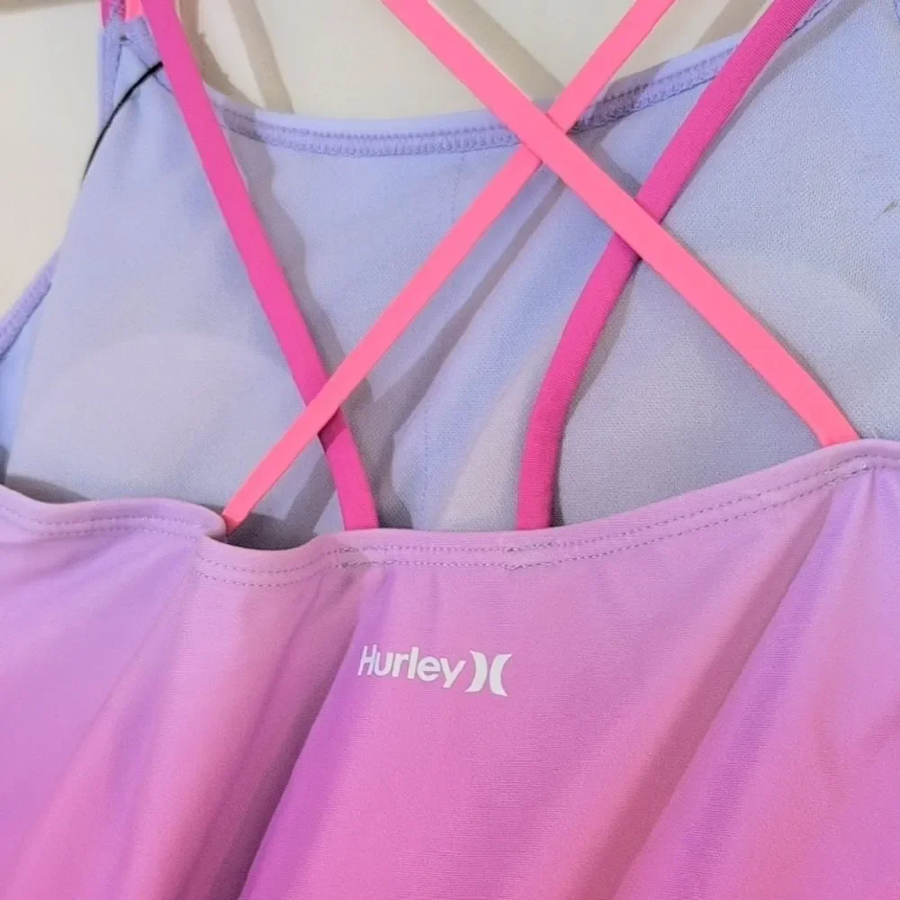 NWT Hurley Girl's One Piece Swimsuit China Rose Pink Ombre Padded Strap- Size 14